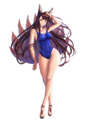  akagi_(azur_lane) animal_ear_fluff animal_ears azur_lane blue_one-piece_swimsuit breasts brown_hair commentary competition_swimsuit covered_navel female floating_hair fox_ears full_body hand_in_own_hair highres kitsune large_breasts long_hair md5_mismatch multiple_tails one-piece_swimsuit red_eyes rialynkv solo swimsuit tail very_long_hair 