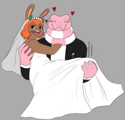  anthro black_tie_(suit) buckteeth carrying_another clothing dress duo female freckles hair humanoid jack_smith lagomorph lake_smith leporid male male/female mammal married_couple pink_body rabbit reptile scalie short_hair snake snowcone2302 suit teeth wedding_dress 