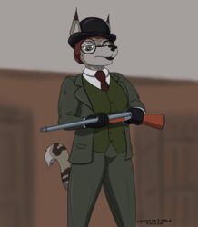  2021 absurd_res anthro blurred_background bowler_hat bridgette_o&#039;shane canid canine canis clothing displeased domestic_dog double_barrel_shotgun eyewear felid feline female glasses gun hat headgear headwear hi_res hunting_dog hybrid left-handed looking_at_viewer looking_down looking_down_at_viewer lynx lynxuki mammal necktie panzerschreckleopard ranged_weapon saluki shotgun sighthound solo stern suit three_piece_suit topwear vest weapon 