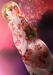  aiba_yumi blonde_hair blush dutch_angle female fireworks flower hair_flower hair_ornament highres idolmaster idolmaster_cinderella_girls japanese_clothes kimono looking_back naharyou red_eyes short_hair solo yukata 