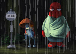  alien arthropod bender_bending_rodr&iacute;guez clothing comedy_central crustacean decapodian_(futurama) doctor_zoidberg foxeaf futurama ghibli group hair human jacket machine male mammal marine my_neighbor_totoro orange_hair outside parody philip_j._fry raining red_clothing red_jacket red_topwear robot topwear totoro_bus_stop trio 