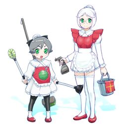  2girls alternate_costume apron ball_(gundam) breasts closed_mouth commentary_request dress enmaided gm_(mobile_suit) gundam humanization looking_at_viewer maid maid_apron multiple_girls open_mouth short_hair skirt smile standing thighhighs ueyama_michirou 