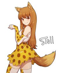  animal_ear_fluff animal_ears artist_name ass bad_id bad_twitter_id bare_shoulders commentary_request copyright_request cosplay cowboy_shot elbow_gloves female from_behind gloves high-waist_skirt highres holo kemono_friends korean_commentary long_hair looking_at_viewer looking_back paw_pose red_eyes serval_(kemono_friends) serval_(kemono_friends)_(cosplay) serval_print shirt signature simple_background skirt sleeveless sleeveless_shirt smile solo spice_and_wolf stoll_(tmxhf) tail thighhighs thighs very_long_hair white_background white_shirt wolf_ears wolf_girl wolf_tail yellow_skirt 