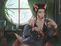  2022 4:3 anthro beverage blue_eyes bone book bookshelf bra branch breasts bull_terrier candle canid canine canis chair claws cleavage clothed clothing coffee container cross cup curtains detailed_background digital_media_(artwork) digital_painting_(artwork) domestic_dog e-girl ear_piercing facial_piercing female fur furniture hair hunting_dog inside jacket jewelry lazyollie living mammal mug necklace nose_piercing nose_ring omen_(gulpygulp) on_chair piercing plant ring ring_piercing sitting sitting_on_chair skull solo terrier topwear tree underwear white_body white_fur window 