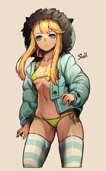  absurdres aqua_jacket aqua_stripes aqua_thighhighs artist_name ass_visible_through_thighs bad_id bad_twitter_id bikini blonde_hair blue_eyes breasts collarbone commentary_request cowboy_shot cropped_legs destiny_child female flower-shaped_pupils frown fur-trimmed_hood fur_trim green_bikini highres hood hooded_jacket jacket korean_commentary linea_alba long_hair navel open_clothes open_jacket original side-tie_bikini_bottom sidelocks signature simple_background small_breasts solo stoll_(tmxhf) stomach string_bikini striped_clothes striped_thighhighs swimsuit symbol-shaped_pupils thighhighs underboob white_thighhighs 