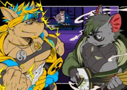  3boys abs absol_(dkqthf) animal_ears another_eidos-r architecture arm_tattoo bandages bara bare_pectorals biceps black_hair blonde_hair chest_tattoo clenched_hand covered_abs crop_top drum east_asian_architecture electricity facial_hair fu_(another_eidos) furry furry_male glasses green_hair headband horns instrument jacket japanese_clothes jewelry katana kimono looking_at_viewer male_focus multiple_boys muscular muscular_male nail_polish necklace pectorals rai_(another_eidos) rasho_(another_eidos) serious shamisen smirk stubble sword table taiko_drum tank_top tattoo thick_arms veins weapon wind yin_yang yukata 