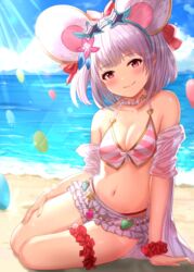  animal_ears aqua_(popogori) balloon beach bikini bikini_skirt blue_sky blush breasts cleavage cloud collarbone day eyewear_on_head fake_animal_ears female flower granblue_fantasy grey_hair hair_flower hair_ornament heart looking_at_viewer medium_breasts mouse_ears navel ocean off_shoulder outdoors pink_flower red_eyes shirt short_hair sitting skirt sky smile solo star-shaped_eyewear star_(symbol) striped_bikini striped_clothes sunglasses swimsuit vikala_(blooming_summer_wallflower)_(granblue_fantasy) vikala_(granblue_fantasy) water white_shirt white_skirt 