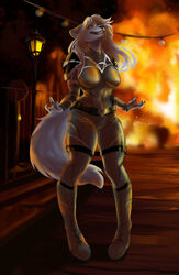  2021 5_fingers anthro artificer_(voriof1) belt black_nose blue_eyes bodysuit boots breasts canid canine canis cinnameana claws clothed clothing digital_media_(artwork) eyewear fangs female finger_claws fingers fire footwear fur glasses grey_body grey_fur hair hi_res humanoid_hands laugh long_hair looking_up mammal maniacal_laughing navel_outline open_mouth open_smile outside shoulder_pads silver_hair skinsuit smile solo standing street_lamp supervillain teeth tight_clothing wolf 