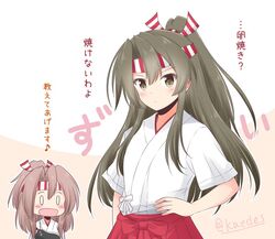  2girls :d alternate_hairstyle blush breasts brown_hair cosplay green_eyes green_hair hachimaki headband high_ponytail japanese_clothes kantai_collection long_hair multiple_girls one-hour_drawing_challenge open_mouth shizuna_kaede simple_background small_breasts smile translation_request zuihou_(kancolle) zuihou_(kancolle)_(cosplay) zuikaku_(kancolle) 