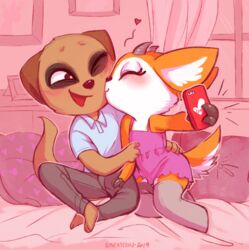  2019 3_toes aggretsuko antelope anthro barefoot bed bovid casual_clothing cellphone chief_komiya closed_eyes clothing dated daww detailed_background digital_media_(artwork) dress duo electronics feet female furniture gazelle heart_symbol herpestid hi_res hug kissing kissing_cheek legwear male male/female mammal meerkat on_bed one_eye_closed phone pillow plantigrade romantic romantic_couple sanrio sintastein sitting sitting_on_bed text thigh_highs thomson&#039;s_gazelle toes true_antelope tsunoda_(aggretsuko) wink year 