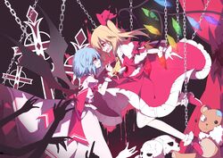  2girls absurdres ascot back_bow bat_wings bing_zizi blonde_hair blood blood_on_face blood_splatter blue_hair bobby_socks bow chains circle_skirt collared_shirt commentary cross crystal disembodied_hand eye_contact fingernails flandre_scarlet frilled_shirt_collar frilled_skirt frills from_side hair_ribbon highres impaled long_fingernails looking_at_another medium_hair miserable_fate multiple_girls one_side_up open_mouth parted_lips pink_shirt pink_skirt profile puffy_short_sleeves puffy_sleeves red_bow red_eyes red_footwear red_nails red_ribbon red_skirt red_vest remilia_scarlet restrained ribbon shirt shoes short_hair short_sleeves siblings sisters skirt skirt_set skull socks stab stuffed_animal stuffed_toy sword teddy_bear touhou vest weapon white_legwear white_shirt wing_collar wings wrist_cuffs yellow_ascot 