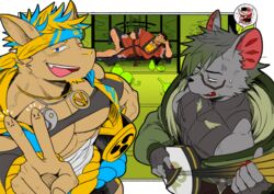  3boys abs absol_(dkqthf) alcohol angry another_eidos-r architecture bandages bara bare_pectorals beard belt biceps blonde_hair brown_hair covered_abs drum east_asian_architecture facial_hair fu_(another_eidos) furry furry_male glasses green_eyes hairy half-closed_eyes happy headband instrument japanese_clothes jar jewelry jinnosuke_(another_eidos) katana kimono leg_hair looking_at_viewer lying male_focus multiple_boys muscular muscular_male nail_polish necklace on_side one_eye_closed pectorals rai_(another_eidos) rasho_(another_eidos) sake shamisen smile sweat sword taiko_drum tank_top thick_arms thick_thighs thighs tusks v veins weapon worried yin_yang yukata 