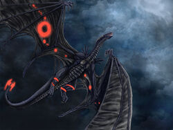  animal_focus claws cloud dragon english_commentary engrish_commentary flying from_below horns jewelry large_wings lizard original photoshop_(medium) realistic red_eyes ring ruth-tay sharp_teeth sky solo tail teeth wings 