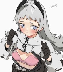  :s animated animated arknights black_gloves black_jacket blinking blue_eyes blush bra breasts capelet capelet_lift closed_mouth clothes_lift dress embarrassed female gloves grey_capelet grey_hair head_wings highres irene_(arknights) jacket lifting_own_clothes long_hair long_sleeves looking_at_viewer open_clothes open_dress pink_bra scar scar_across_eye scar_on_face seto_tinami signature small_breasts solo underwear upper_body wings 