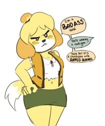  2018 5:6 absurd_res animal_crossing anthro blonde_hair bottomwear canid canine canis cardigan clothed clothing dialogue domestic_dog english_text female front_view fully_clothed hair hand_on_hip hi_res humor isabelle_(animal_crossing) jacket mammal monotone_bottomwear monotone_clothing monotone_skirt nintendo open_clothing open_jacket open_topwear pencil_skirt portrait rainbowsprinklesart shih_tzu skirt solo text three-quarter_portrait topwear torn_clothing toy_dog yellow_body 