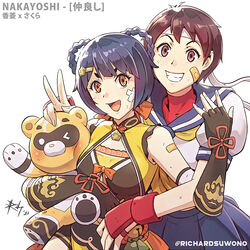  2girls bandaid bandaid_on_face bandana black_gloves blue_hair braid braided_hair_rings brown_eyes brown_hair chinese_clothes commentary crossover dark_blue_hair facing_viewer fingerless_gloves genshin_impact gloves grin guoba_(genshin_impact) hair_rings headband kasugano_sakura looking_at_viewer multiple_girls open_mouth puffy_short_sleeves puffy_sleeves red_gloves richard_suwono school_uniform serafuku short_hair short_sleeves simple_background smile street_fighter teeth upper_body white_background white_bandana xiangling_(genshin_impact) 