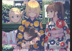  4girls alternate_costume bench blonde_hair blue_eyes blush brown_hair closed_eyes closed_mouth commentary_request green_eyes hair_ornament hair_scrunchie hairclip hitori_bocchi hitoribocchi_no_marumaru_seikatsu honshou_aru japanese_clothes kimono lap_pillow long_hair looking_at_viewer mole mole_under_eye multiple_girls outdoors paayan_(hagakinorock54) ponytail sash scrunchie short_hair smile sotoka_rakita sunao_nako yukata 