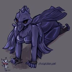  1:1 2019 absurd_res all_fours ambiguous_gender anthro avian bird black_sclera breasts corvid corviknight corvus_(genus) duo feathers female female_focus full-length_portrait generation_2_pokemon generation_8_pokemon hi_res high-angle_view nintendo nude oscine passerine pokemon pokemon_(species) portrait purple_body purple_feathers rainbowsprinklesart red_eyes skarmory solo_focus 