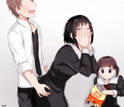  1boy 2girls :| bad_id bad_pixiv_id bag bag_of_chips bent_over black_dress black_hair black_legwear black_undershirt blush bob_cut brown_hair chips_(food) closed_eyes closed_mouth collar collarbone commentary couple covering_face cowboy_shot dress dry_humping eating empty_eyes food gradient_background grinding hair_ornament hairclip hands_on_another&#039;s_hips hands_on_own_face highres holding holding_bag holding_food humping kaguya-sama_wa_kokurasetai_~tensai-tachi_no_renai_zunousen~ kashiwagi_nagisa leaning_forward light_blush looking_at_another loose_hair_strand meme multiple_girls neck_ribbon neigaimu no_eyes open_clothes open_mouth open_shirt pants photo-referenced potato_chips potechi_aneki_(meme) purple_eyes raised_eyebrows red_ribbon ribbon sanpaku school_uniform sexually_suggestive shijou_maki shirt short_hair short_twintails shuuchiin_academy_school_uniform signature smile squatting staring straight tanuma_tsubasa translated traumatized twintails voyeurism white_background white_collar white_shirt 