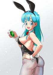  animal_ears aqua_eyes ass black_leotard bow bowtie breasts bulma_briefs compass detached_collar dragon_ball dragon_ball_(classic) female fishnet_pantyhose fishnets from_behind gradient_background grey_background hand_on_own_hip large_breasts leotard long_hair looking_at_viewer minpei_ichigo one-piece_thong pantyhose playboy_bunny rabbit_ears rabbit_tail red_bow red_bowtie solo standing strapless strapless_leotard tail wrist_cuffs 