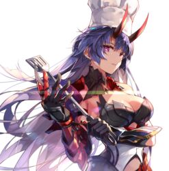  armor bare_shoulders blunt_bangs breasts chef_hat chinese_commentary cleavage commentary_request female floating_hair gauntlets gloves hat highres holding holding_spatula honkai_(series) honkai_impact_3rd horns large_breasts long_hair looking_at_viewer oni_horns parted_lips purple_eyes purple_hair raiden_mei raiden_mei_(herrscher_of_thunder) red_horns sidelocks solo spatula very_long_hair zomzomzomsauce 