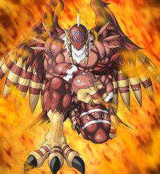  anthro avian bandai_namco biceps blonde_hair claws digimon digimon_(species) feet garudamon guzu_kuo hair hi_res kneeling male mask muscular muscular_anthro pecs solo talons toes wings 