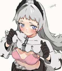  :s animated animated arknights black_gloves black_jacket blinking blue_eyes blush bra breasts capelet capelet_lift closed_mouth clothes_lift dress embarrassed female gloves grey_capelet grey_hair head_wings highres irene_(arknights) jacket lifting_own_clothes long_hair long_sleeves looking_at_viewer open_clothes open_dress pink_bra scar scar_across_eye scar_on_face seto_tinami signature small_breasts solo underwear upper_body wings 