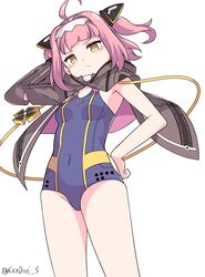  absurdres ahoge arm_behind_head artist_name asymmetrical_clothes azur_lane breasts closed_mouth commentary_request covered_navel cowboy_shot cross female frown hand_on_own_hip highres iron_cross jacket jacket_over_swimsuit kandori looking_at_viewer navel off_shoulder one-piece_swimsuit pink_hair short_hair simple_background small_breasts solo standing swimsuit twitter_username u-81_(azur_lane) white_background yellow_eyes 