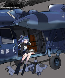  2girls ah-64_apache aircraft alternate_costume artist_name blue_hair bodysuit commentary_request dated diving_suit flippers grey_background hair_ribbon helicopter i-19_(kancolle) kantai_collection long_hair looking_at_viewer maru-yu_(kancolle) multiple_girls red_eyes ribbon shikishima_fugen sitting tri_tails uh-60_blackhawk wetsuit 