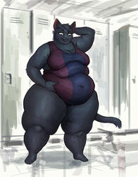  2020 4_toes anthro belly belly_rolls big_breasts black_body black_fur breasts cettus cleavage clothed clothing colored digital_media_(artwork) digital_painting_(artwork) domestic_cat double_chin feet felid feline felis female fur hair hand_behind_head hand_on_belly hi_res huge_thighs inner_ear_fluff inside locker locker_room looking_at_own_belly looking_down love_handles mammal monotone_body monotone_fur navel_outline no_irises obese obese_anthro obese_female one-piece_swimsuit overweight overweight_anthro overweight_female sarka_svobodova shaded short_hair smile solo standing swimwear thick_thighs toes tuft 