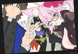  2boys :d animal_ears ashiya_douman_(fate) black_eyes black_gloves black_hair breasts brown_eyes brown_hair cleavage commentary_request cross cross_necklace double_v fate/grand_order fate_(series) female fingernails fox_ears glasses gloves green_nails highres jewelry kotomine_kirei koyanskaya_(assassin)_(first_ascension)_(fate) koyanskaya_(fate) large_breasts lips long_sleeves looking_at_viewer mullet multicolored_hair multiple_boys nail_polish necklace o3o one_eye_closed open_mouth orange_eyes otama_(atama_ohanabatake) partially_unzipped pink_hair priest rasputin_(fate) red_pupils sharp_fingernails short_hair sidelocks smile snapping_fingers taking_picture tamamo_(fate) twitter_username unzipped v v_over_eye white_hair 