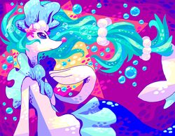  2016 accessory asterozoan blue_body blue_eyes blue_hair bubble clothing echinoderm eyelashes female gem generation_7_pokemon hair hat headgear headwear hi_res koolaid-girl long_hair lying mammal marine merfolk nintendo pearl_(gem) pink_nose pokemon pokemon_(species) primarina solo split_form starfish starfish_(accessory) unavailable_at_source white_body 