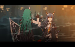  2girls afureru_colors arknights bare_shoulders black_gloves blue_hair ch&#039;en_(arknights) commentary dragon_horns dragon_tail english_commentary gloves green_hair hair_between_eyes high_five highres holding horns hoshiguma_(arknights) jacket letterboxed long_hair looking_at_viewer multiple_girls red_eyes shield shirt shorts sidelocks single_horn sleeveless sword tail walkie-talkie weapon white_shirt 