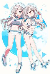  2girls arm_hug banirou bikini blue_eyes blue_footwear blue_sailor_collar blush braid breasts brown_eyes cloud grey_hair hair_ribbon hat high_heels highres hisakawa_hayate hisakawa_nagi idolmaster idolmaster_cinderella_girls idolmaster_cinderella_girls_starlight_stage large_breasts long_hair multiple_girls one_eye_closed open_mouth ribbon sailor_bikini sailor_collar sailor_hat sailor_swimsuit_(idolmaster) sandals sidelocks sky strappy_heels swimsuit toeless_footwear twitter_username white_headwear 