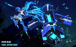  antenna_hair armor armored_dress bad_id bad_pixiv_id blue_eyes blue_hair dress female gauntlets hammer headgear highres huge_weapon long_hair photoshop_(medium) solo thighhighs vividblue vividred_operation weapon yukirayzi 