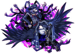  1boy ars_goetia black_hair black_wings blue_nails commentary_request covered_navel crossed_legs dagger demon_boy extra_arms jewelry knife kyousaku male_focus mygrimoire nail_polish necklace raum_(mygrimoire) ribbon ring rope scabbard sheath simple_background sitting skin_tight skull solo sword unsheathed weapon white_background wings 