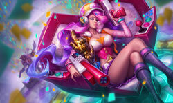  1boy arcade_miss_fortune bare_shoulders black_footwear blowing_bubbles blue_eyes blue_hair blurry boots bracelet breasts bustier cabbie_hat chewing_gum cleavage commentary confetti controller crop_top crossed_legs d-pad depth_of_field detached_sleeves dual_wielding dutch_angle english_commentary female gangplank_(league_of_legends) gradient_hair gun hair_ornament hat headphones highres holding holding_gun holding_weapon jewelry joystick large_breasts league_of_legends long_hair looking_at_viewer michelle_hoefener midriff miss_fortune_(league_of_legends) multicolored_hair nail_polish official_alternate_costume official_art photoshop_(medium) pink_hair pink_nails purple_hair sitting solo_focus trophy very_long_hair weapon 