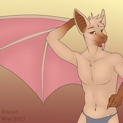  1:1 2017 5_fingers anthro bat better_version_at_source biscuit_(biscuits) bottomwear clothing fingers front_view hand_behind_head loincloth looking_at_viewer male mammal navel red_eyes solo standing tongue tongue_out ulthar 