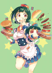  brown_eyes burger burger_skater_(idolmaster) commentary_request dual_persona female food green_eyes green_hair hat headset idolmaster idolmaster_(classic) mole mole_under_mouth open_mouth otonashi_kotori piyopiyo puchimasu! short_hair t-okada waitress 