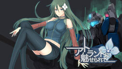  atoko black_legwear blue_eyes border_break commentary_request damegane detached_sleeves female flower green_hair hair_flower hair_ornament highres long_hair mecha personification photoshop_(medium) robot shorts smile thighhighs translation_request very_long_hair 