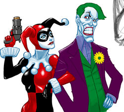  1boy batman_(series) blue_eyes bodysuit couple dc_comics domino_mask face_paint facepaint female female green_hair gun harley_quinn hat jester jester_cap latex lipstick makeup male mask red_eyes short_hair the_joker usda weapon wrist_ruff 