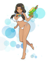  bikini breasts dark_skin female hitoha large_breasts looking_at_viewer matsuri_(senran_kagura) senran_kagura senran_kagura:_peach_beach_splash senran_kagura_new_wave smile solo water_gun 