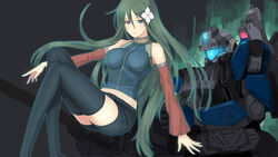  atoko black_legwear blue_eyes border_break commentary_request damegane detached_sleeves female flower green_hair hair_flower hair_ornament highres long_hair mecha personification photoshop_(medium) robot shorts smile thighhighs very_long_hair 