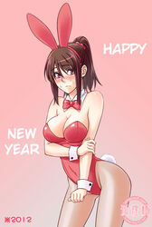  2012 akeome animal_ears artist_name blush bow bowtie breasts brown_hair bunny_ears bunny_girl bunny_tail bunnysuit cleavage clothed_navel detached_collar fake_animal_ears female fishnet_pantyhose fishnets hard_translated korisei new_year original pantyhose pink_background ponytail red_eyes short_hair simple_background solo tail translated watermark web_address wrist_cuffs 