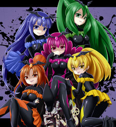  5girls :d :p bad_end_beauty bad_end_happy bad_end_march bad_end_peace bad_end_precure bad_end_sunny bat_wings black_bodysuit blonde_hair blue_eyes blue_hair blue_skirt bodysuit commentary_request crossed_arms crossed_legs dark_persona english_text eyeshadow fingerless_gloves frills gem gloves graffiti green_eyes green_hair grin letterboxed long_hair makeup multiple_girls open_mouth orange_eyes orange_hair pink_eyes pink_hair ponytail precure shaded_face sitting skin_tight skirt smile smile_precure tamago_kago tiara tongue tongue_out twintails v-shaped_eyebrows very_long_hair wide_sleeves wings yellow_eyes 