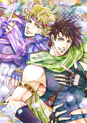  2boys abs bad_id bad_pixiv_id battle_tendency blonde_hair blue_eyes blue_jacket brown_hair bubble caesar_anthonio_zeppeli facial_mark fingerless_gloves gloves green_eyes headband jacket jojo_no_kimyou_na_bouken joseph_joestar joseph_joestar_(young) kaoru midriff multiple_boys scarf 