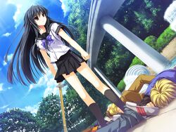  4boys alpha_(yukai_na_nakamatachi) black_hair black_legwear black_skirt brown_hair cloud day female game_cg highres kneehighs kourin_no_machi_lavender_no_shoujo long_hair multiple_boys outdoors pleated_skirt sakuragi_hikaru school_uniform serafuku shinai skirt sky socks sword tree water weapon 