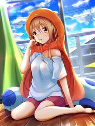  absurdres bad_id bad_pixiv_id barefoot breasts chips_(food) commentary_request curtains doma_umaru female food highres himouto!_umaru-chan indoors medium_breasts nekoronbusu off_shoulder potato_chips ryuuguu_yassuu sitting solo stuffed_animal stuffed_toy wariza window wooden_floor 