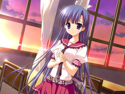  game_cg hoshizora_e_kakaru_hashi koumoto_madoka long_hair purple_eyes purple_hair ryohka seifuku 