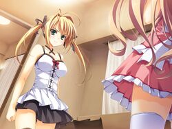  2girls black_legwear black_ribbon black_skirt blonde_hair game_cg green_eyes hair_ribbon highres indoors kamiyama_reika kourin_no_machi_lavender_no_shoujo long_hair multiple_girls pink_skirt ribbon riko_sada skirt thighhighs twintails white_legwear yuuki_hagure 